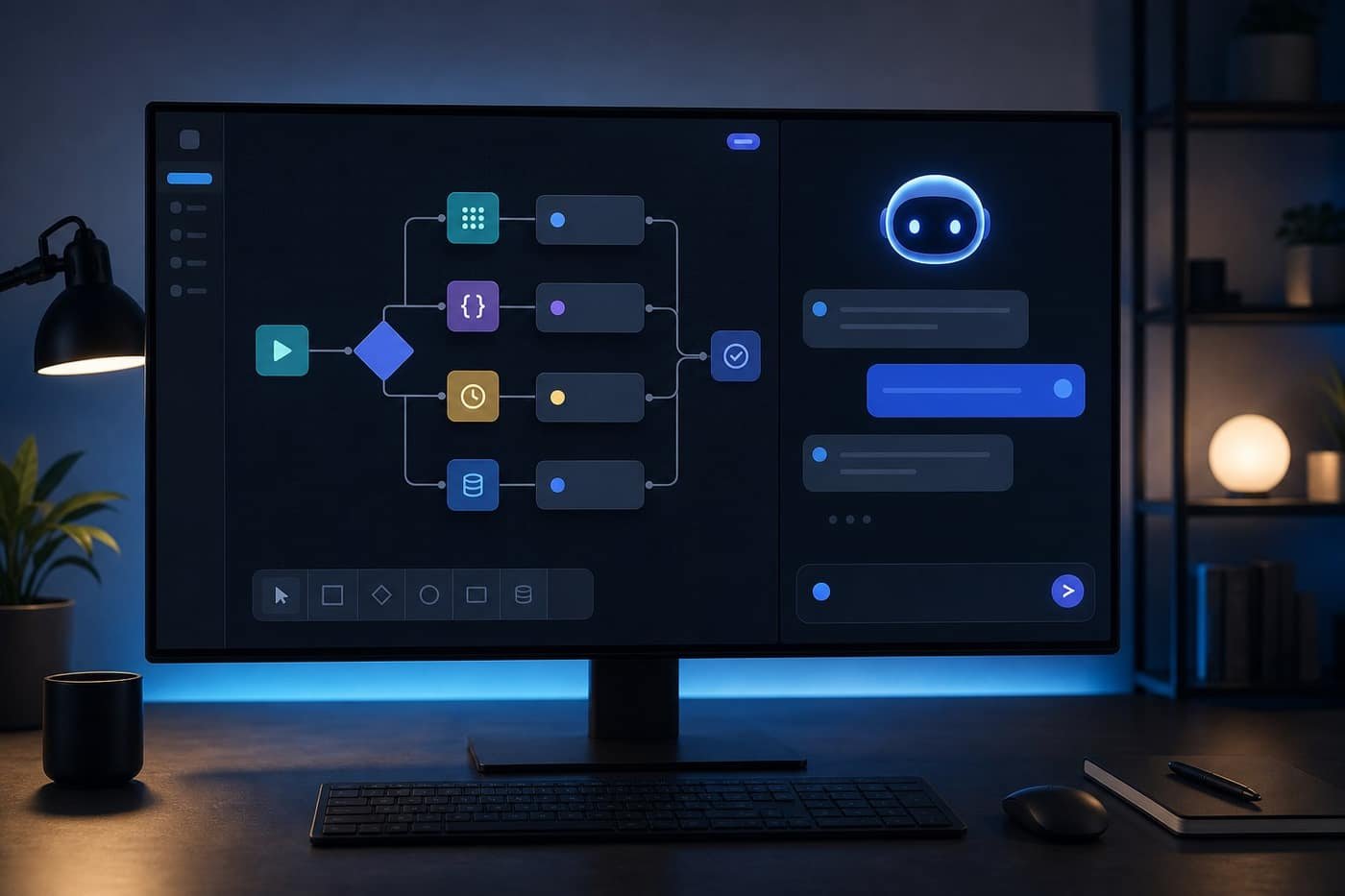 An automation workflow diagram on a monitor beside an AI assistant interface