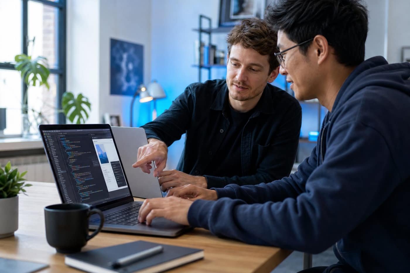 Developers reviewing a web application build together on laptops in a bright studio